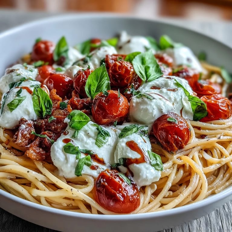 Our Summer Caprese Pasta with Burrata, glistening with balsamic glaze, a delightful bite.