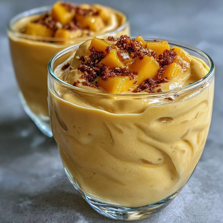 A cold, sweet mango lassi smoothie swirled with fragrant, warm cardamom spice.