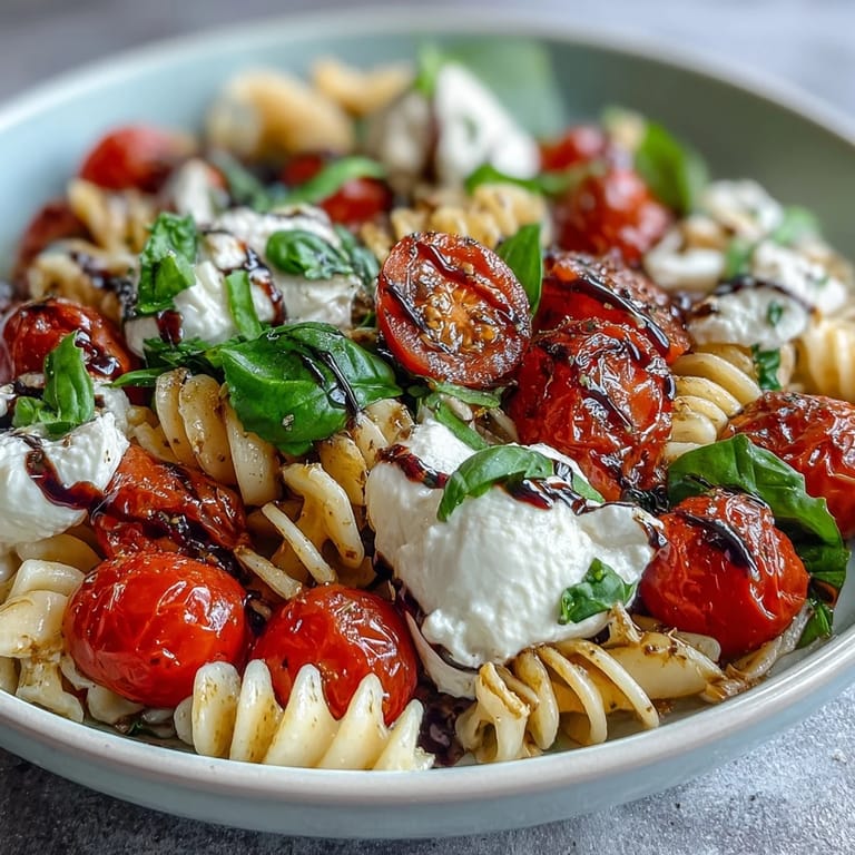 Bright Summer Caprese Pasta with Burrata, bursting with tomato and basil flavors.