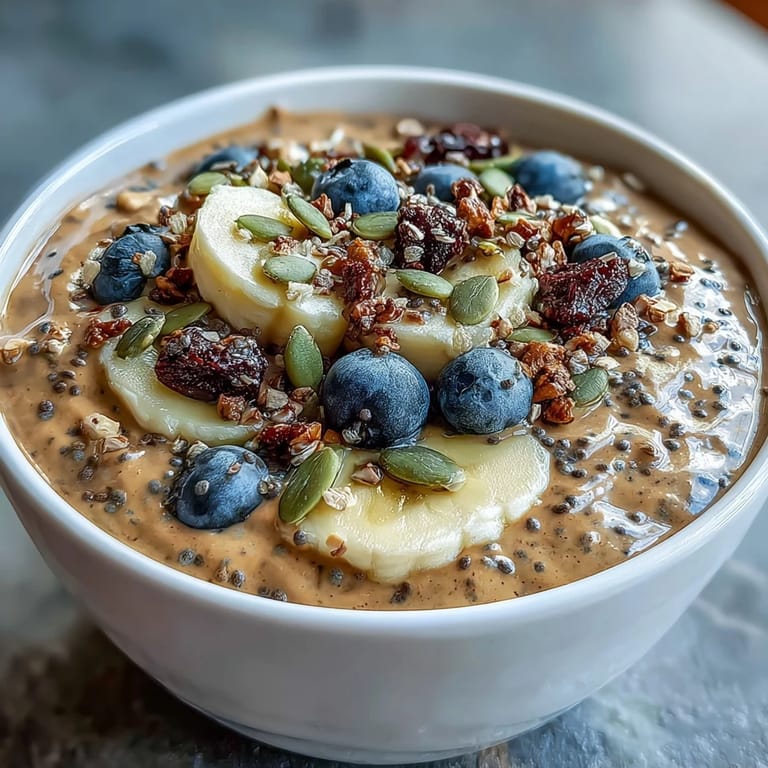 Creamy high fiber smoothie bowl with banana and psyllium, topped generously.