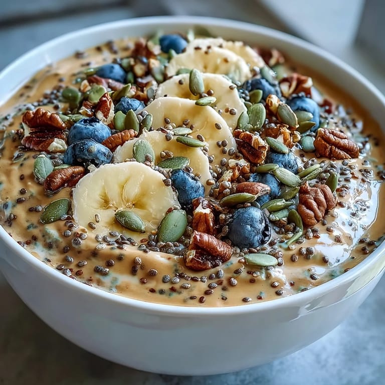 Vibrant high fiber smoothie bowl, showcasing banana slices and seedy toppings.
