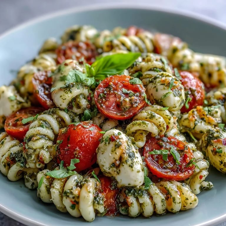 Delicious Caprese Pasta Salad featuring bright red tomatoes and soft mozzarella.