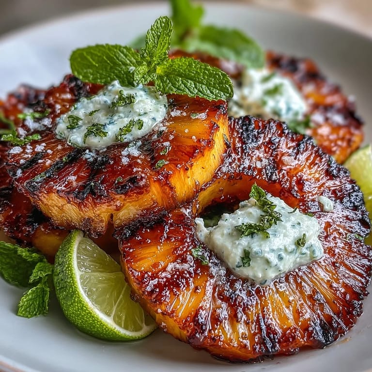 Deliciously charred pineapple spears topped with vibrant yuzu kosho butter and fresh mint.