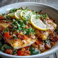 A close-up of Spiced Cod One Pot with flaky fish and bright lemon slices in a rich tomato broth.