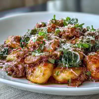 A close-up of Sausage Gnocchi with Kale featuring pillowy gnocchi coated in a rich red sauce and garnished with fresh basil.