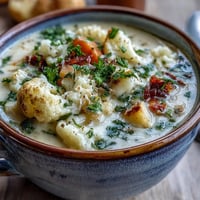 Creamy vegetarian cauliflower chowder in a rustic bowl with fresh parsley garnish.