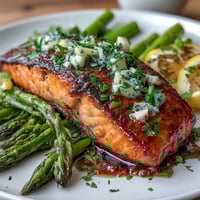 Garlic Butter Salmon with Asparagus roasted to perfection, golden salmon fillets and vibrant green spears glistening with savory garlic butter sauce.
