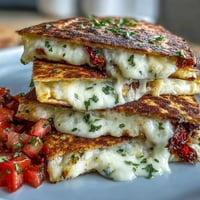 Mini quesadilla triangles with salsa served on a white plate, golden and crispy, with vibrant red tomato salsa on the side for dipping.