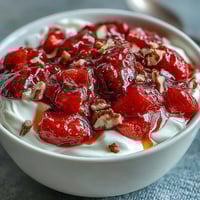 Fresh strawberry compote swirls over creamy Greek yogurt with crunchy nuts and honey drizzle.  