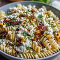 Creamy Mexican street corn elote pasta salad with charred corn and cotija cheese in a tangy lime dressing.  