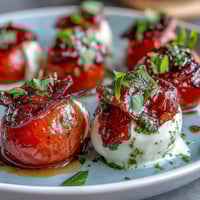 Caprese skewers with pesto drizzle showcase fresh mozzarella, cherry tomatoes, and basil on bamboo sticks, drizzled with vibrant homemade pesto.