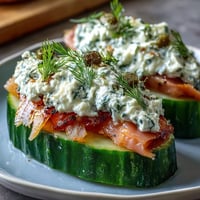 Cucumber Bites with Cream Cheese and Smoked Salmon, arranged on a white platter with dill sprigs and capers.