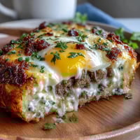 Hearty overnight breakfast casserole with sausage, potatoes, and melted cheese ready for a hungry crowd.