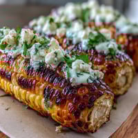 Grilled corn elote style, smoky and charred, topped with creamy sauce, crumbled cheese, and chili powder.  