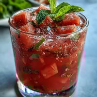 Refreshing watermelon mint lemonade with vibrant pink hue, served over ice with fresh mint sprigs and lemon slices.  