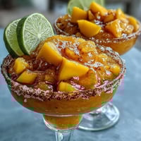 Vibrant frozen mango margarita mocktail in a salt-rimmed glass, garnished with fresh lime and mango slices.