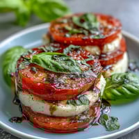 Fresh Caprese Salad with Basil Oil Drizzle, featuring ripe tomatoes and creamy mozzarella on a white platter.