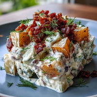 Memorial Day Potato Salad with Dill and Bacon, creamy and topped with crispy bacon.