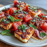 Grilled halloumi skewers with watermelon and mint, showing golden cheese.