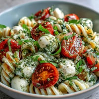 Vibrant Caprese Pasta Salad with juicy tomatoes and creamy mozzarella pearls.